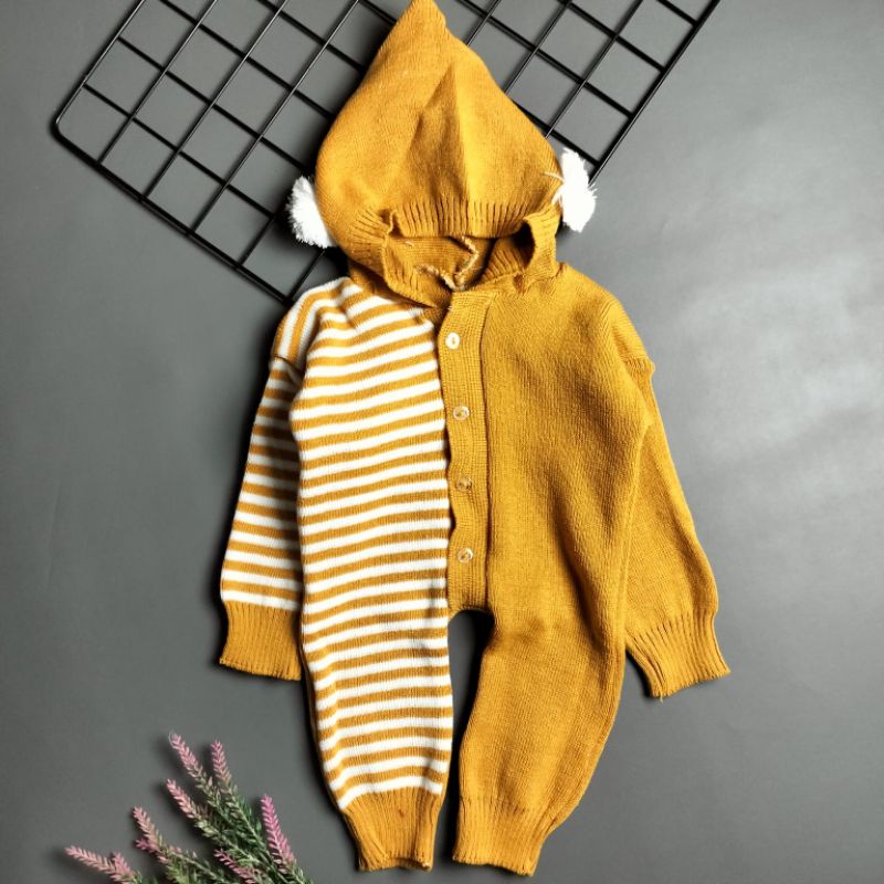 jumper rajut hoodie bayi 0-6 bulan motif salur kombinasi pompom