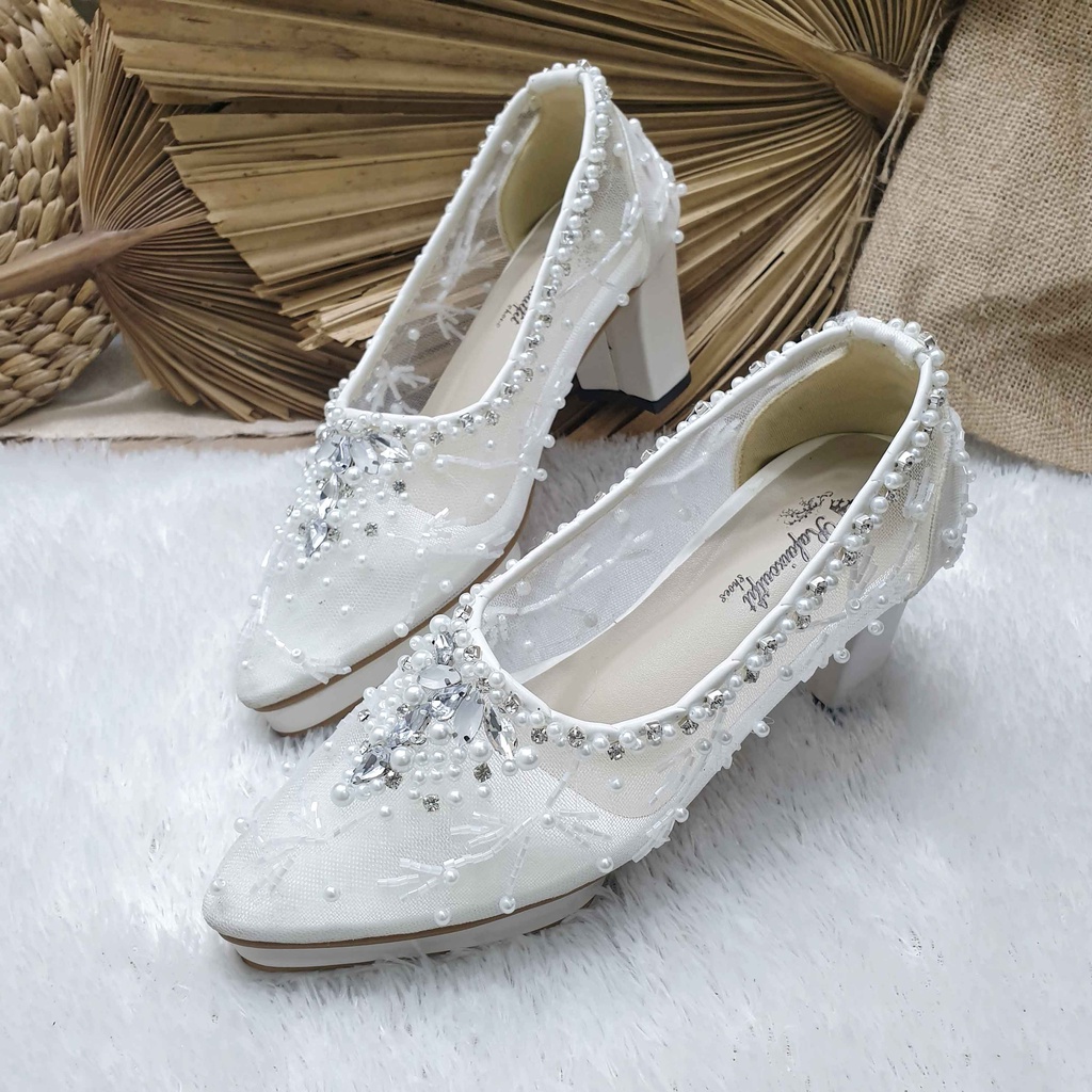 Sepatu wedding pesta Cantik April putih 7cm tahu