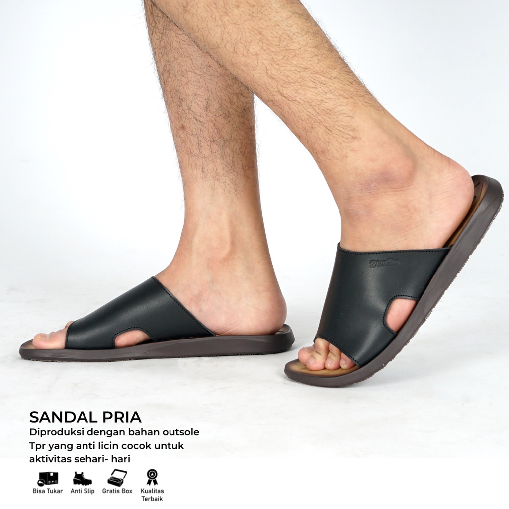 Sandal Pria Slide Sendal Kasual Kulit Hitam coklat tan tidak licin