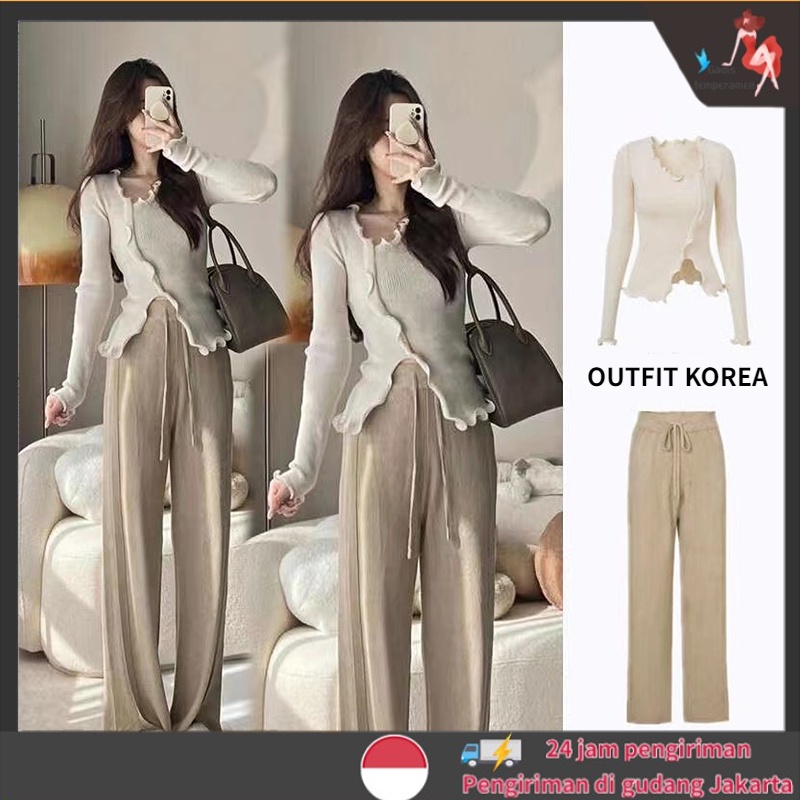 Korean Knit Top Wanita Lengan Panjang Kaos Rajut Polos