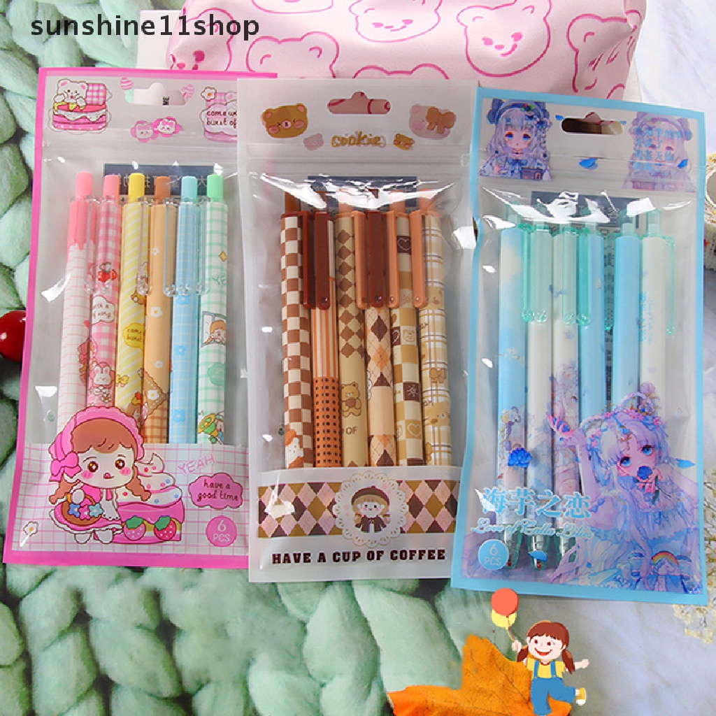 Sho 6Pcs Kawaii Gel Pen Set Kartun Tekan Bolpoin Lucu 0.5mm Hitam Tinta Pulpen Untuk Siswa Alat Tulis Kantor Perlengkapan Sekolah N