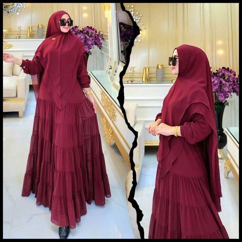 Gamis Syari Terbaru Baju Wanita Jumbo Shopiya Syari Set Khimar Bahan Ceruty Babydoll Full Furing Gaun Pesta Muslimah