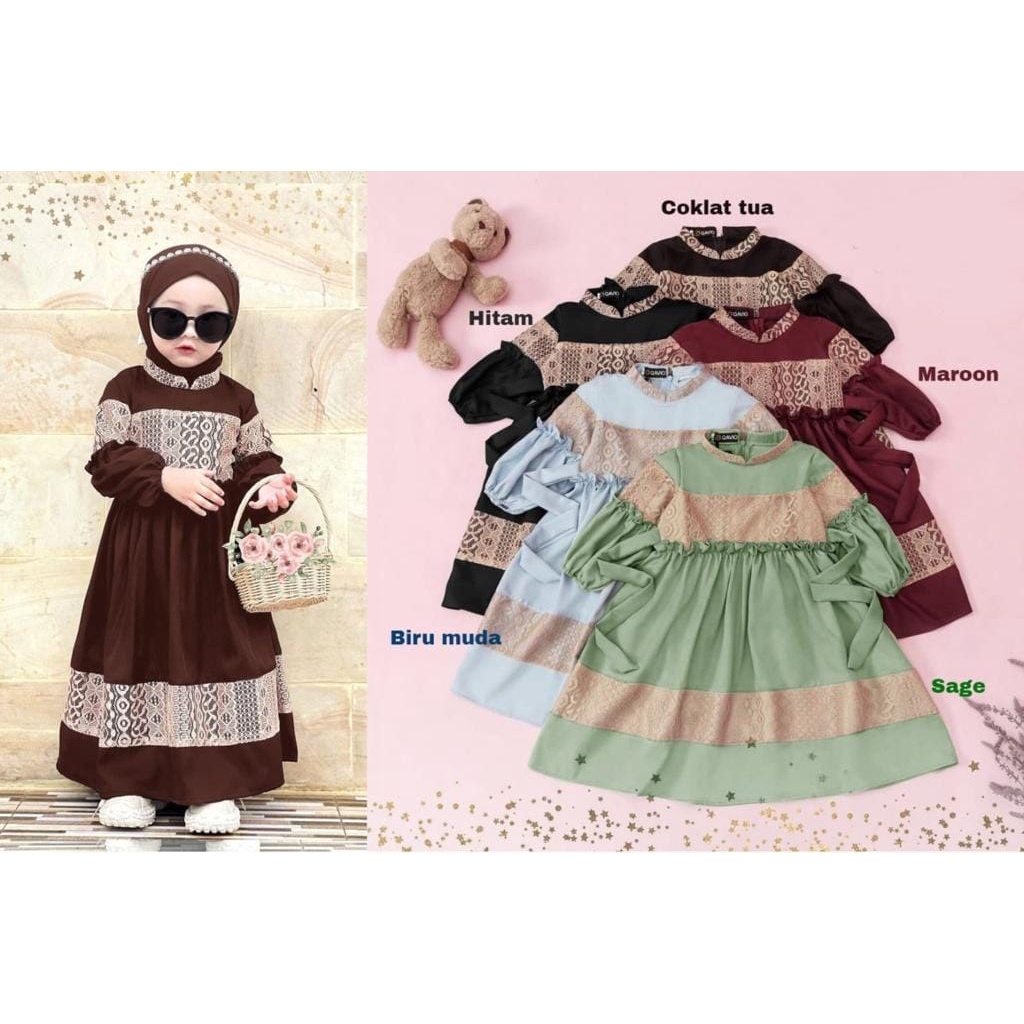 3 UKURAN S M L SYARI KID SURI FASHION PAKAIAN MUSLIM ANAK PEREMPUAN BAHAN MOSCREPE APLIKASI RENDA MR