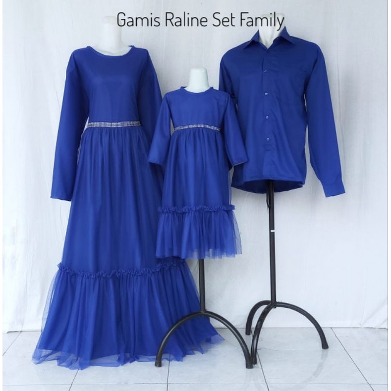 gamis raline biru elektrik/gamis raline set family/gamis lebaran terbaru/gamis couple family/gamis couple mom and kid/gamis lebaran keluarga/seragam lebaran