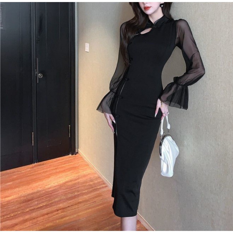 TJM BJ356 Dress Midi Wanita Lengan Panjang Dress Elegant Korean Fashion