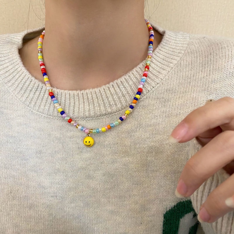 Kalung Rantai Klavikula Dengan Liontin Smiley Face Warna-Warni Untuk Wanita