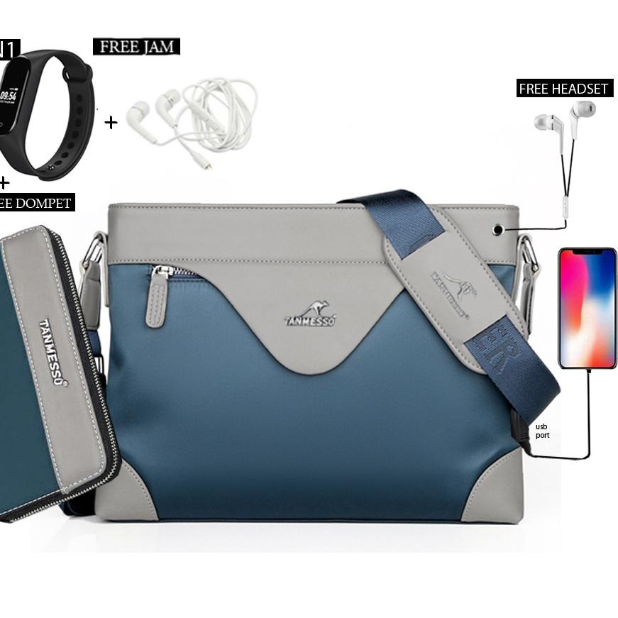 ➾ 5IN1TAS BONUS JAM &DOMPET,USBPORT &HEADSET -TAS SELEMPANG PRIA sling bag usb port ➦