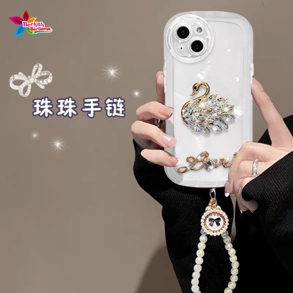 GC15 SOFTCASE WAVY GELOMBANG  CLEAR DIAMOND SWAN LANYARD FOR IPHONE 7 8 7+ 8+ X XS XR XS MAX 11 12 13 14 PRO MAX BB7735