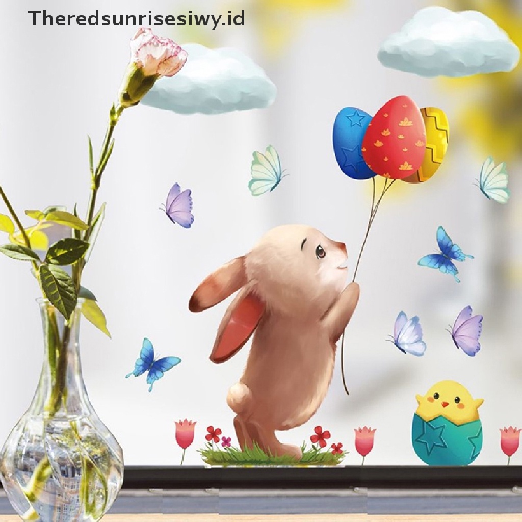 # Baju Lebaran # 1pc Stiker Jendela Kaca Happy Easter Colorful Bunny Eggs Wall Decal 20x30cm~