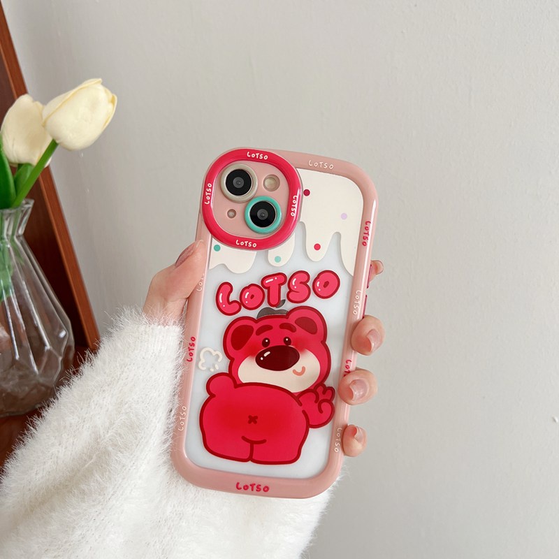 Cute Bears Puff Casing HP iPhone 11 12 13 14 Pro Max14 Plus Hadiah Teman Pink Lucu Wanita Soft Casing Cover Winnie Strawberry Bear