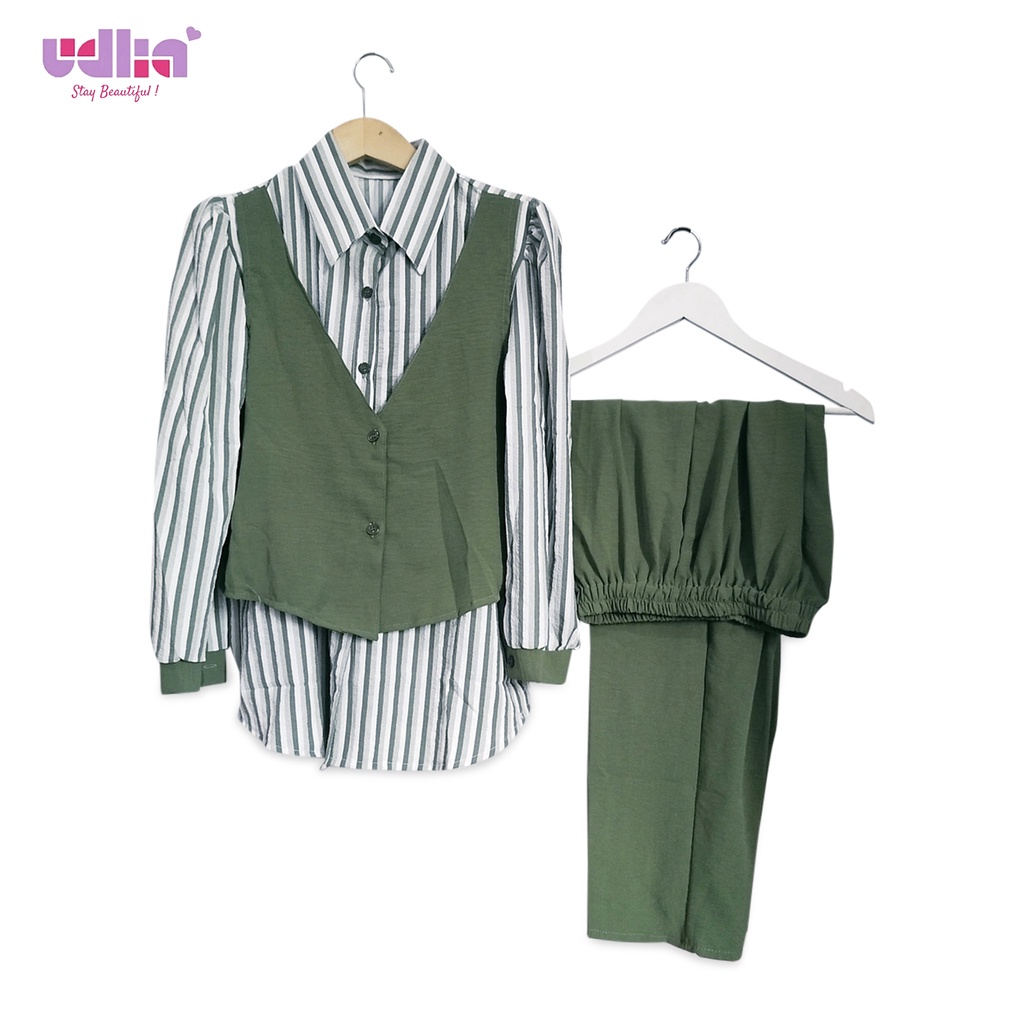 Udlia Setelan Celana Crinkle Katun Stripe Green Vest