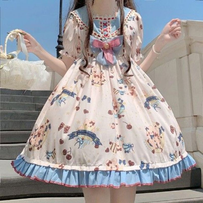 [MikanHiro Store] catties fat MMLolita dress summer op Lolita girl navy collar dress light lo skirt cute