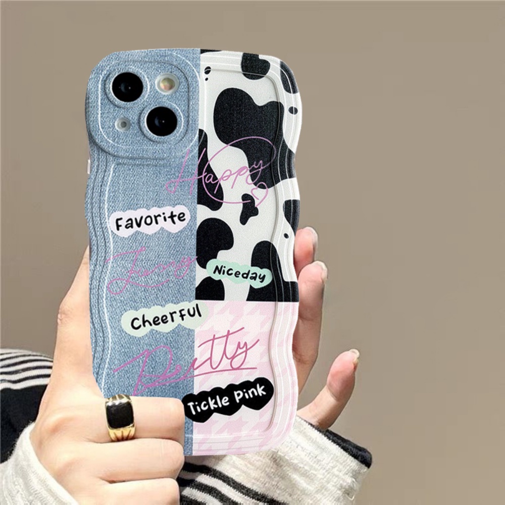 Realme 10 4G RealmeC35 C33 C31 C30 C21Y 9i 8i 6i 5s 5i 7i C15 C25 C25Y C12 C1 C20 C3 C2 C1 Narzo 50 Prime Cool Denim Patch Happy Leopard Print Wavy Edge Soft Couple Case RIXUAN