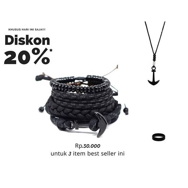 Gelang Pria Cowok Cewek Wanita Hitam Tali Paracord Prusik Jangkar Paket Set Kalung Liontin Cincin Ti