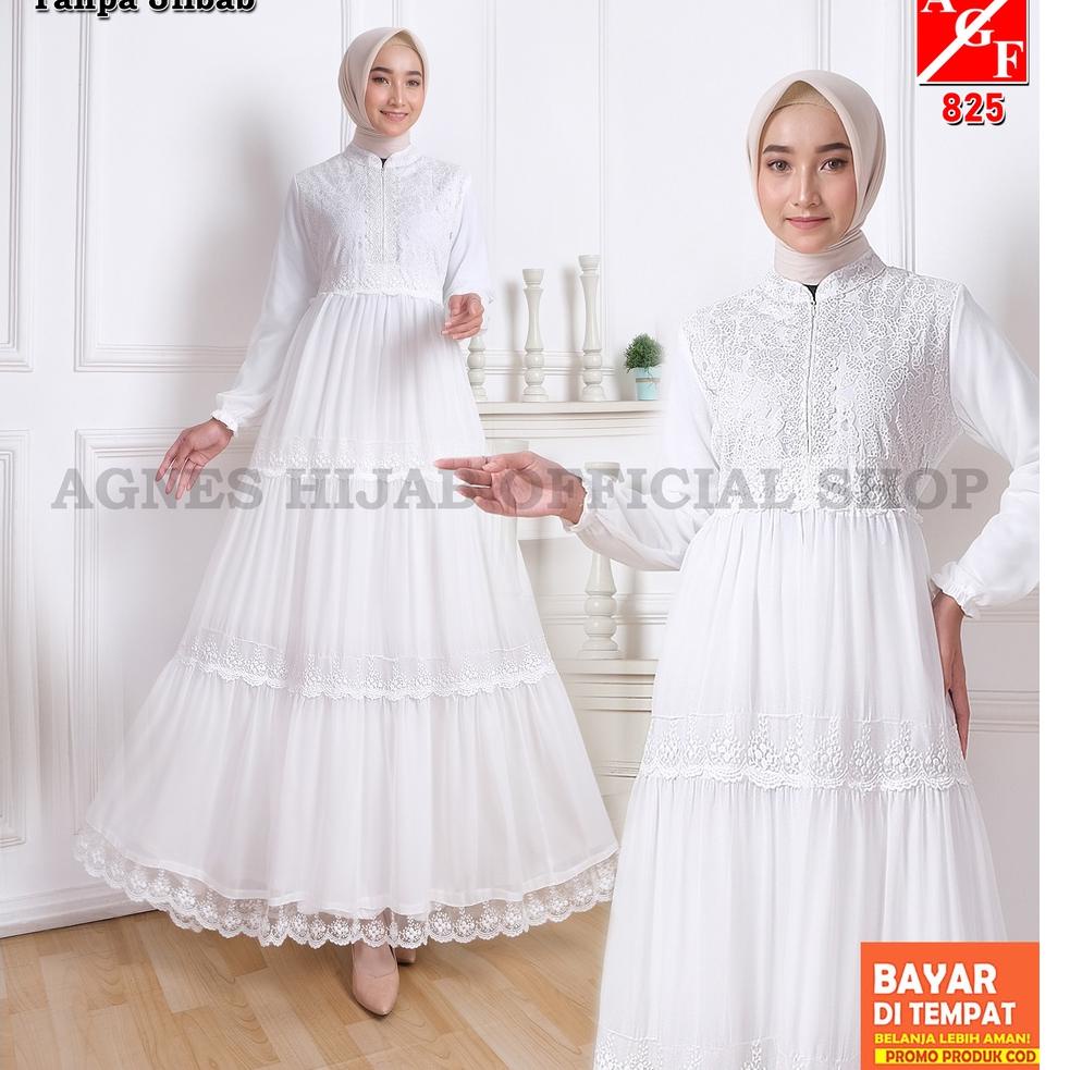 Agnes Azzahra Dress Gamis Putih Wanita Gamis Plisket Brukat Baju Muslim Wanita Busana Lebaran Umroh Terbaru 825 (KODE Q669)
