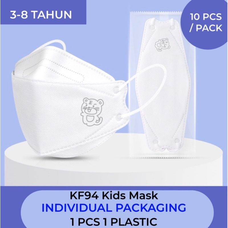 10PCS MASKER ANAK MODEL KF94 WARNA PUTIH KARAKTER LOGO TRANSPARAN EMBOSS EARLOOP 4PLY CUTE ANIMAL