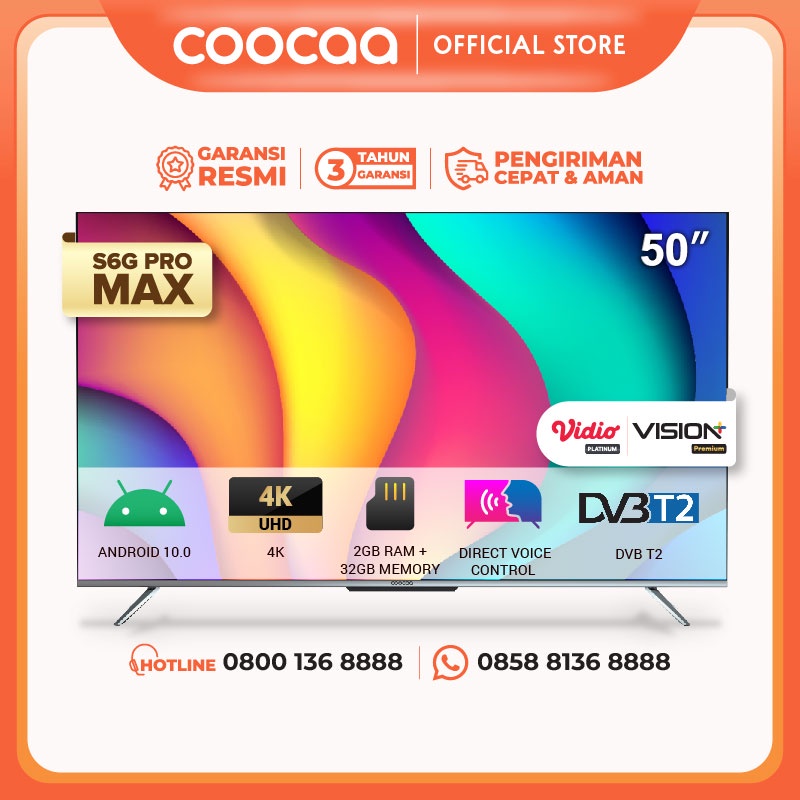 COOCAA 50 inch Smart TV -Digital TV - 4K - UHD - Netflix/Youtube - Google Assistant - RAM 2GB - MEMORI 32GB - Dolby Audio - Mirroring - HDR 10 - WIFI - HDMI/USB/LAN(COOCAA 50S6G PRO MAX)