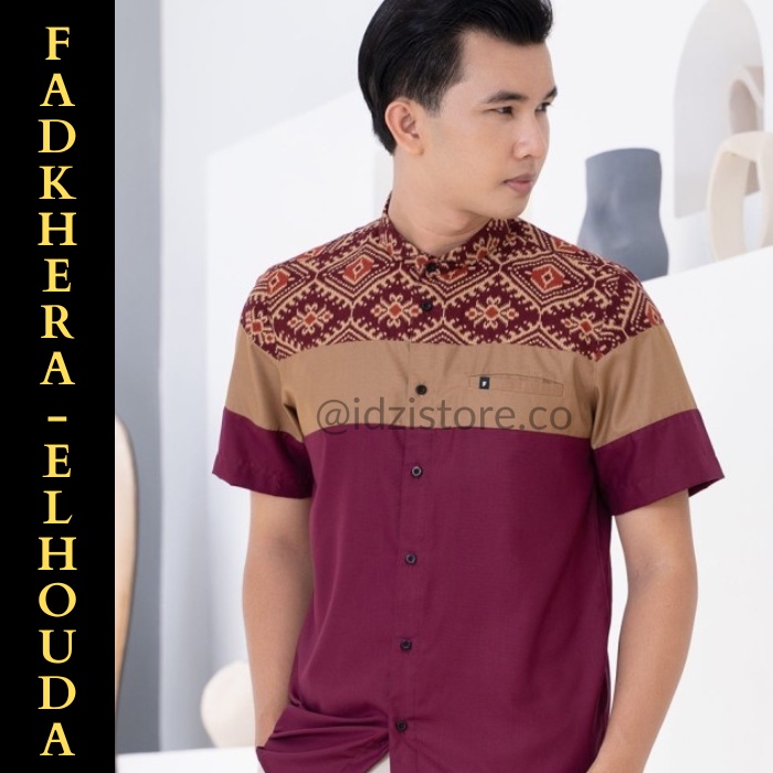 Fadkhera Baju Kemeja Koko Pria Modern Kokoh Muslim Batik Elhouda Maroon