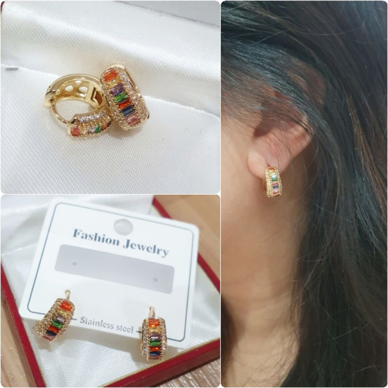 Anting Titanium Asli kilau mirip emas asli Premium Quality Anti Karat Anti Alergi Earling Branded Band Stainless Steel Ori Ant404