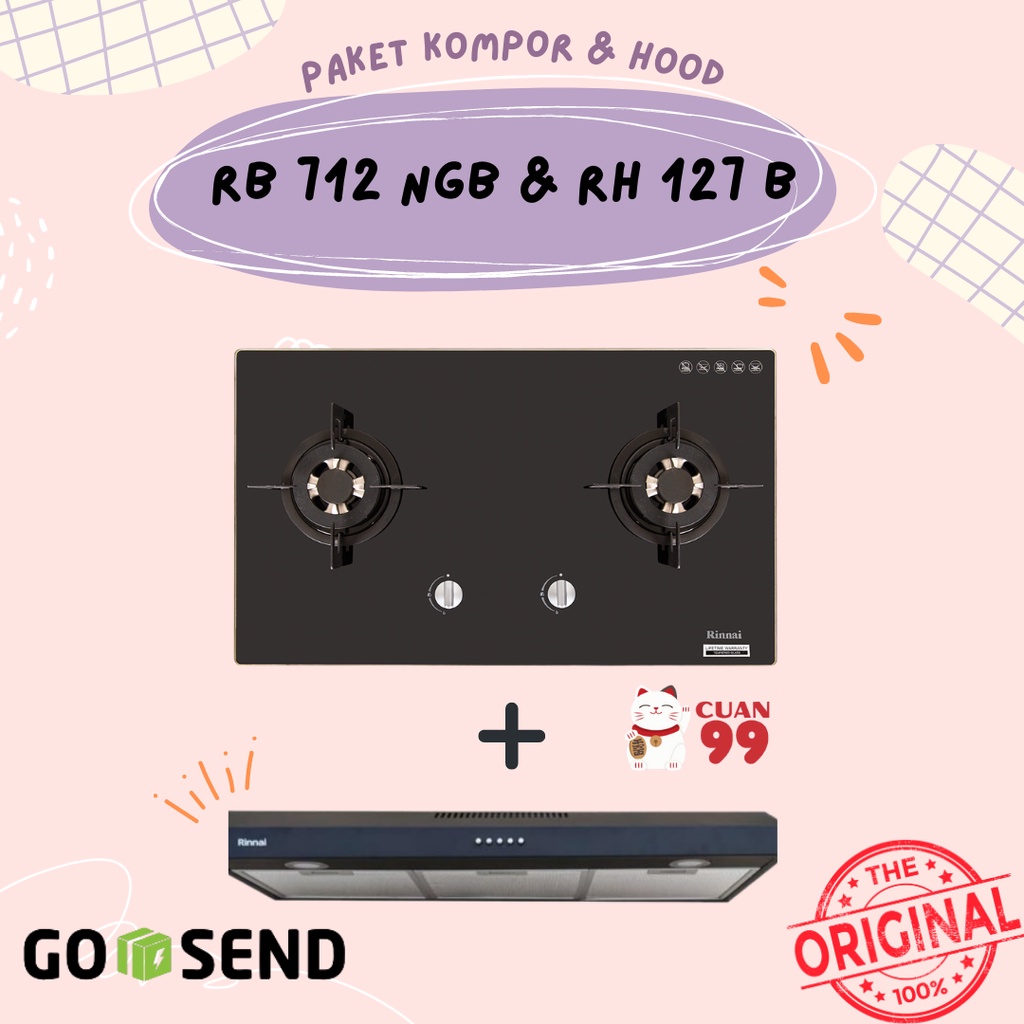 PAKET KOMPOR TANAM RINNAI RB 712 NGB &amp; COOKER HOOD RH 127 B KHUSUS GOSEND