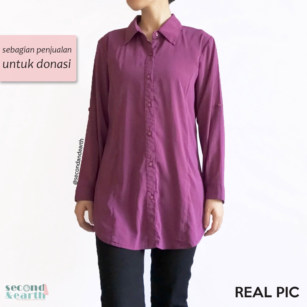Preloved Kemeja Tunik Wanita Sifon Ungu (S-M) Slim Fit Lengan Panjang Chiffon Tunic Shirt Purple Ata