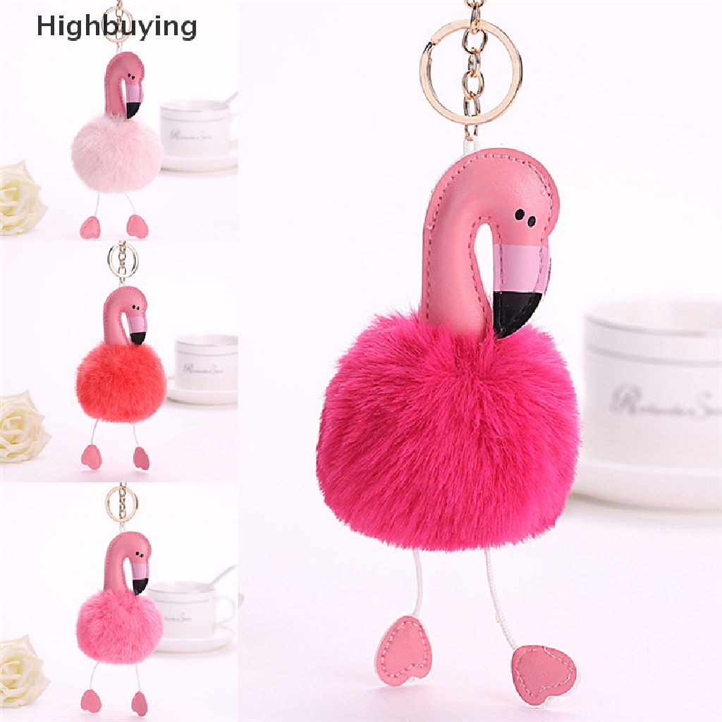 Hbid Gantungan Kunci Flamingo Fluffy Faux Rabbit Fur Ball Key Chain Wanita Gantungan Kunci Tas Mobil Glory