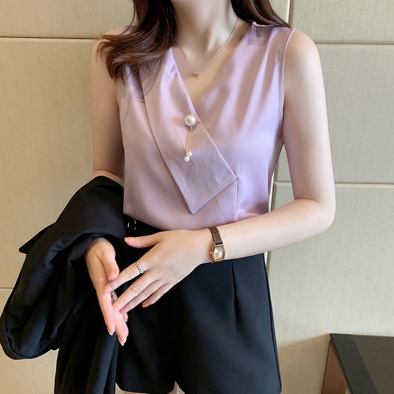 Kemeja sifon wanita musim panas rompi Prancis atasan tanpa lengan baru