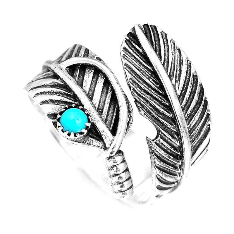 Fashion Bohemian Perhiasan Turquoise Feather Ring Wanita Pesta Boho Aksesoris Hadiah Pernikahan Adjustable Rings Untuk Wanita