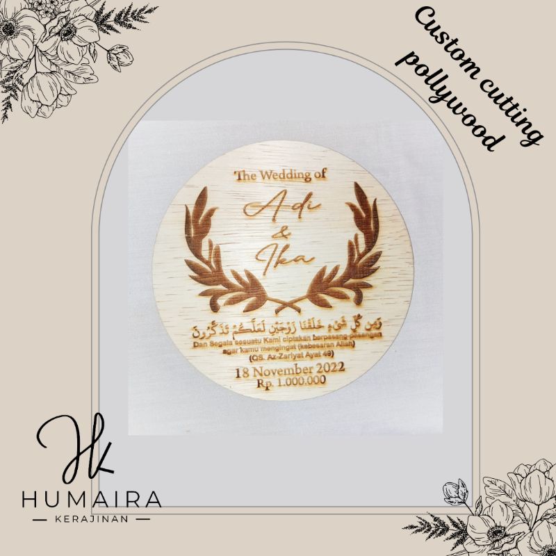 Cetak tulisan nama grafir triplek bulat hiasan mahar / bahan mahar