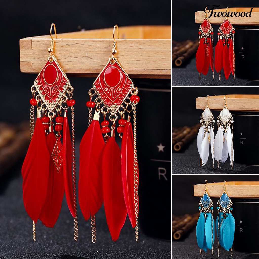 Twowood 1pasang Anting Kait Bohemian Tetes Minyak Geometris Persegi Panjang Liontin Temperamen Dekorasi Elegan Buatan Bulu Rumbai Menjuntai Anting Aksesoris Kostum