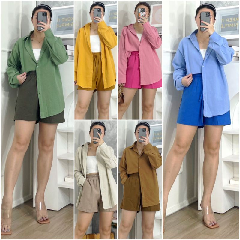 ⚡️CLEARANCE SALE ♡ PREMIUM ♡ ORIGINAL ! JANESSA TWO TONE  2 IN 1 SET LONG SLEEVE COLLAR  BUTTON SHIRT WITH SHORT PANpTS / SETELAN POLOS KEMEJA &amp; CELANA PENDEK ( BUSUI FRIENDLY )