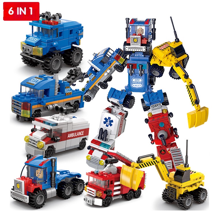 Mainan Blok Bangunan Mobil robot deformable 6in1