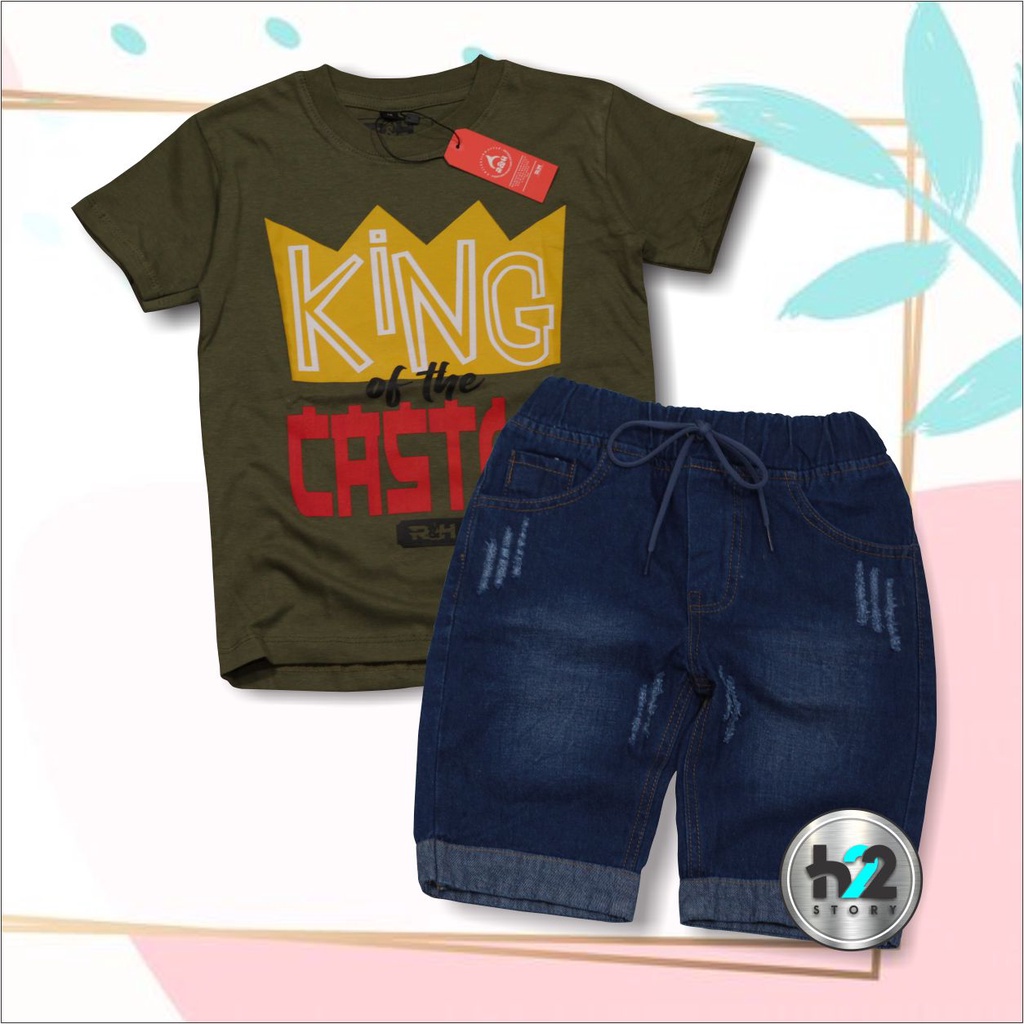Setelan Anak Celana Jeans / Setelan Jeans Anak Laki Laki /  Setelan Kaos Distro Anak Celana Jeans Pendek Usia 3-12 Tahun / By H22Story-HijauArmy Navy