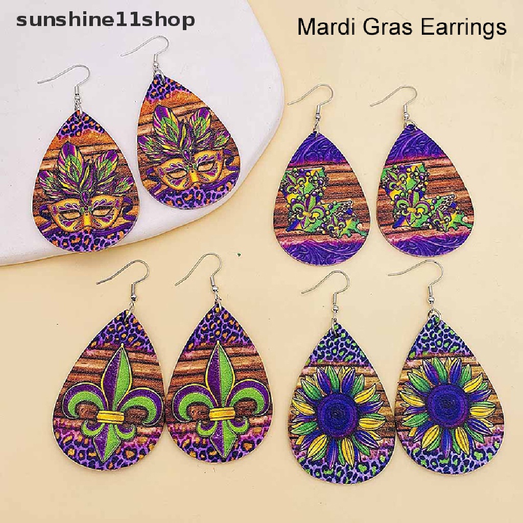 Sho Anting Mardi Gras Carnival Warna Ungu Hijau Emas Anting Daun Kulit PU N