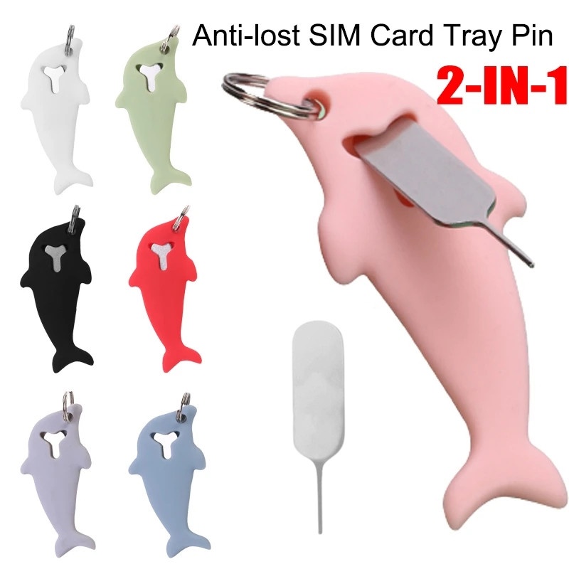 2in1 Pin Kartu SIM Anti Hilang Dengan Tempat Penyimpanan Silikon Berbentuk Lumba Lumba Kartu Memori Ponsel Tray Ejecter Alat