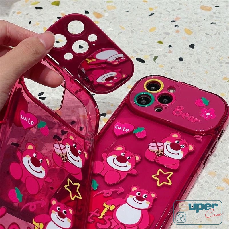 IPHONE Casing Ponsel Cermin Make Up Flip Kreatif Kompatibel Untuk Iphone11Xr X13 12 14 Pro Max7 8 14 Plus XS MAX SE Kartun Lucu Strawberry Bear Manyo Lembut TPU Rose Red Silicon Case