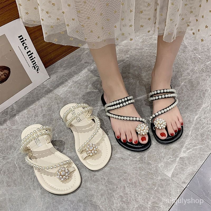 #Sisjuly# Sandal wanita sandal pantai mutiara bawah datar wanita baru sandal pantai mutiara sandal s