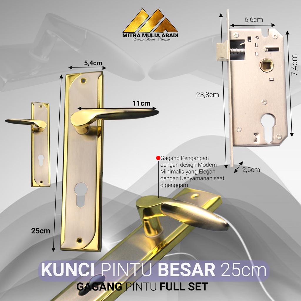 Kunci Pintu Besar 25cm Premium Stainless Steel Full Set Gagang Silinder Gold