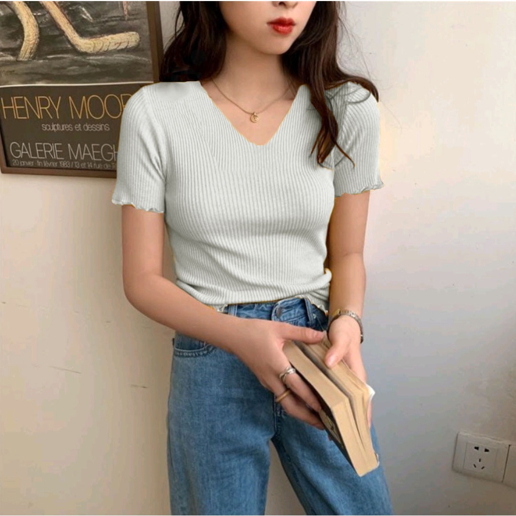 Kaos wanita rajut knit leher V gaya korea 702