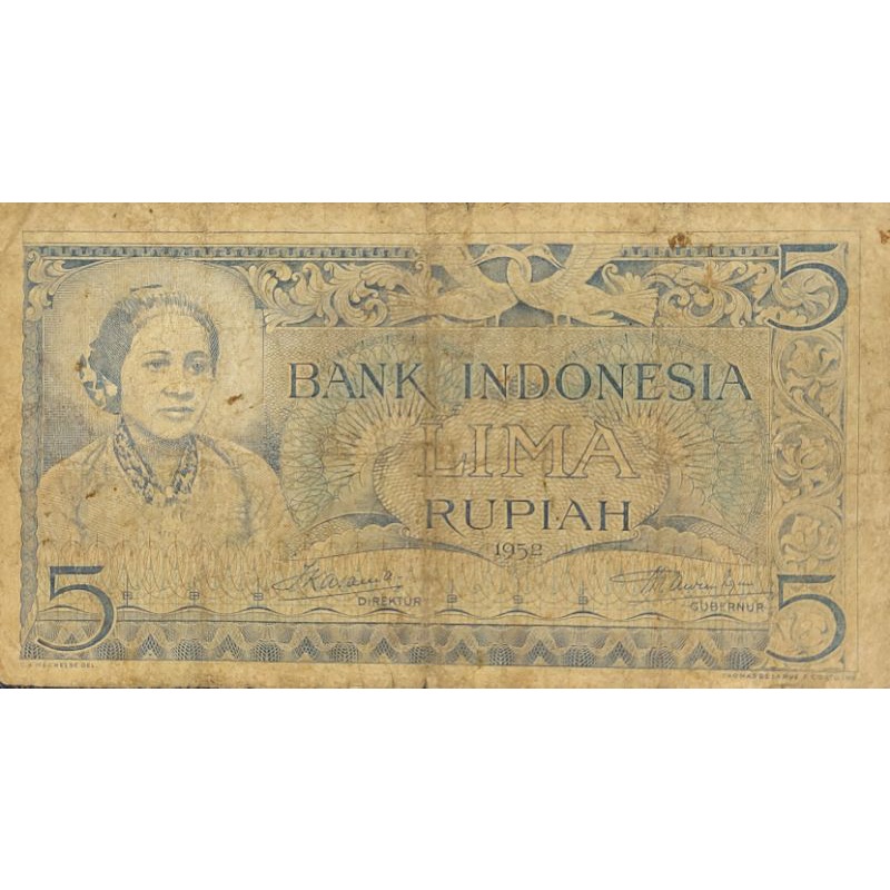 NEW-Uang Kuno Indonesia 5 rupiah Seri Budaya 1952 R.A Kartini Kondisi  VF Kertas Masih Renyah Layak Original 100% 3.2.23