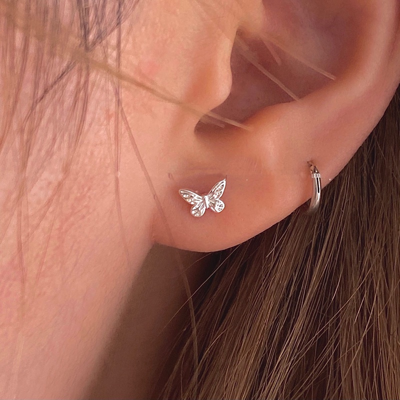 Roselife S925 Perak Double-head Round Ball Butterfly Stud Earrings Untuk Wanita Perempuan Anti Alergi Chic Tindik Tulang Rawan Sekrup Anting Telinga Tulang Perhiasan 1pasang