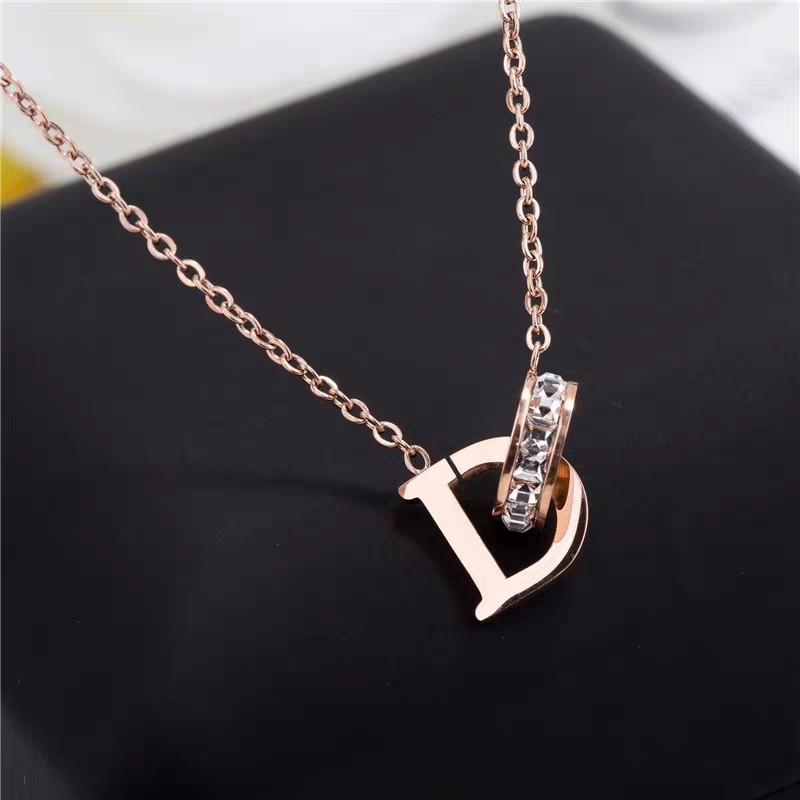 Kalung Cincin Berlian | Kalung Rantai Dengan Liontin Cincin Ganda Motif Tulisan Untuk Wanita | Aksesoris Bahan Stainless Steel 18 Warna Rose Gold Untuk Wanita