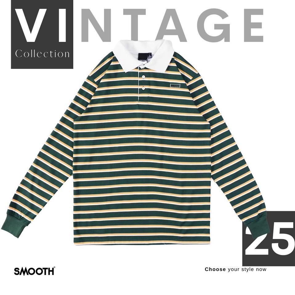 ✤ SMOOTH BASIC Vintage Rugby Polo Shirt - Striped Green ⅎ
