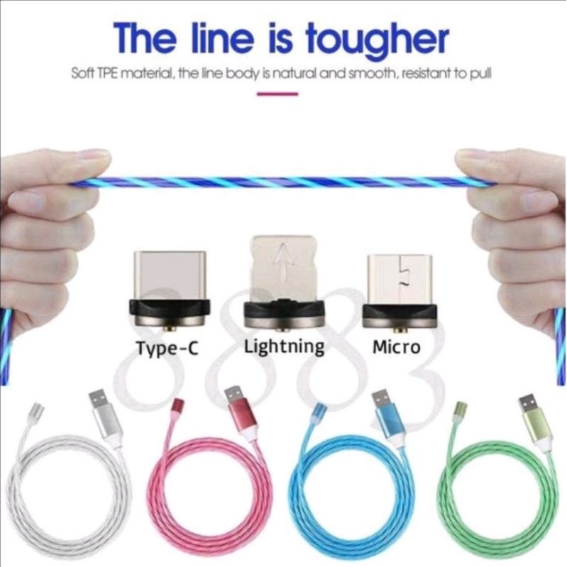 Kabel Data / Charger Magnetic 3in1 (Micro/Type-C/Lightning) Fast Charging Streamer Coloful LED