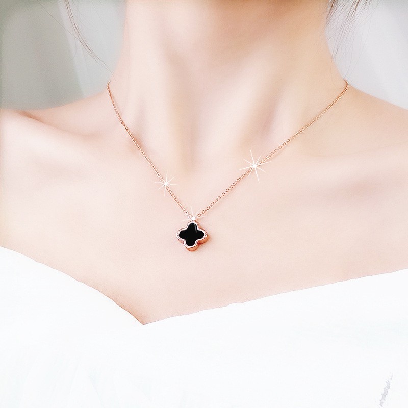 Kalung Rantai Dengan Liontin Daun Clover Dua Sisi Untuk Wanita  | Kalung Rantai Rose Gold 18k Untuk Wanita | Aksesoris Perhiasan Bahan Stainless Steel Titanium