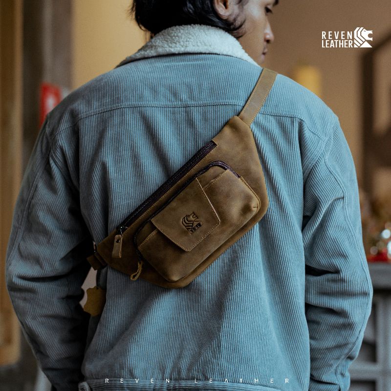 Tas Selempang Kulit Pria Slempang Bahu Reven Mahameru Leather Waistbag Pinggang Bahan 100% Kulit Sapi Asli Original Premium