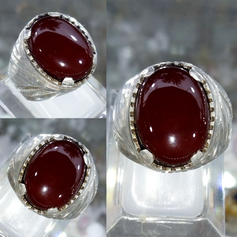 Cincin Batu Natural Original Yaman Ahmar Coklat Pekat Tembus