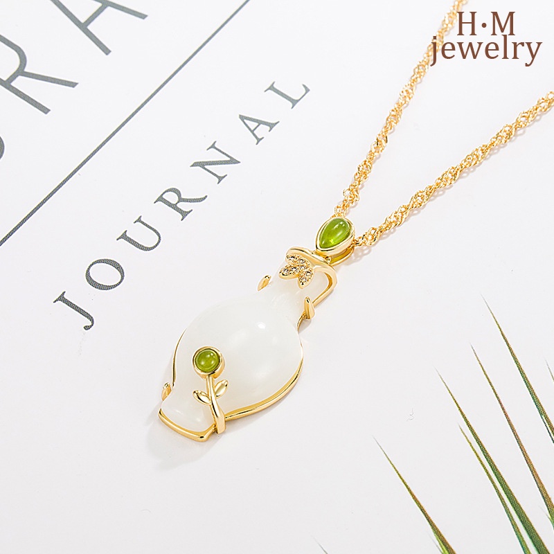 Gaya Kuno Hias Berlian Hetian Giok Putih Vas Air Suci Fu Lu Liontin Bergaya Klavikula Kalung Gaya Istana2023