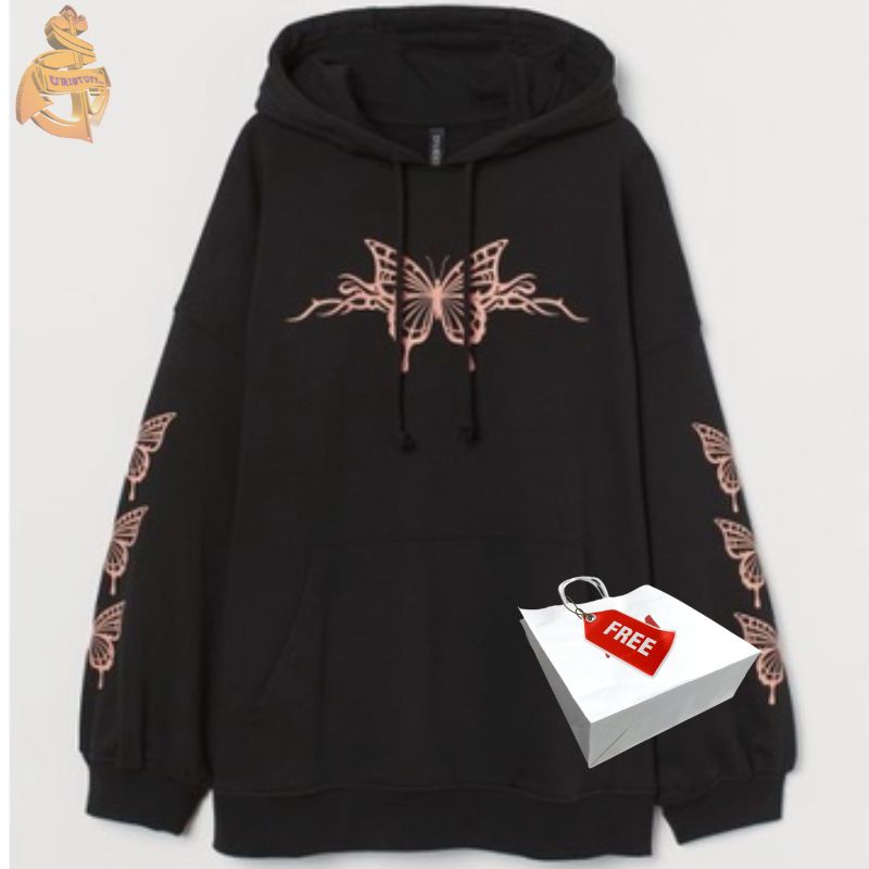 Hoodie H&amp;m Butterfly Hitam Sablon Hnm Pria Wanita Free Paper Bag