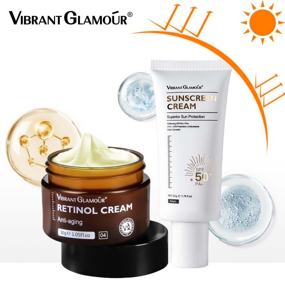 VIBRANT GLAMOUR 30gr Retinol Face Cream Anti aging Krim Pelembab Wajah + Sunscreen Cream Whitening SPF 50+PA+++Anti Freckles Pemutih Wajah 50gr Perawatan Kulit